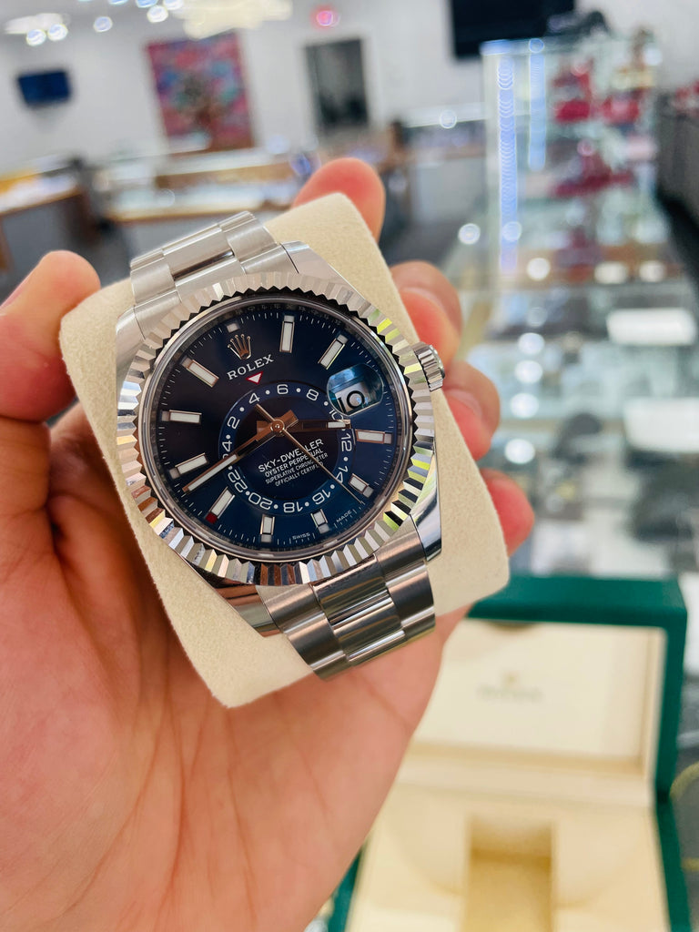 Rolex Sky-Dweller 326934 BLUSO Blue Dial Stainless Steel 42mm 18k White Gold Bezel PAPERS MINT - Diamonds East Intl.