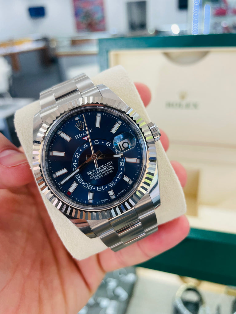 Rolex Sky-Dweller 326934 BLUSO Blue Dial Stainless Steel 42mm 18k White Gold Bezel PAPERS MINT - Diamonds East Intl.