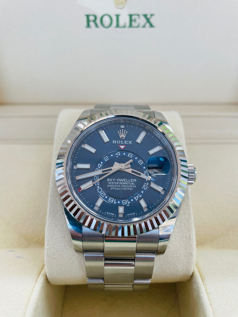 Rolex Sky-Dweller 326934 BLUSO Blue Dial Stainless Steel 42mm 18k White Gold Bezel PAPERS MINT - Diamonds East Intl.