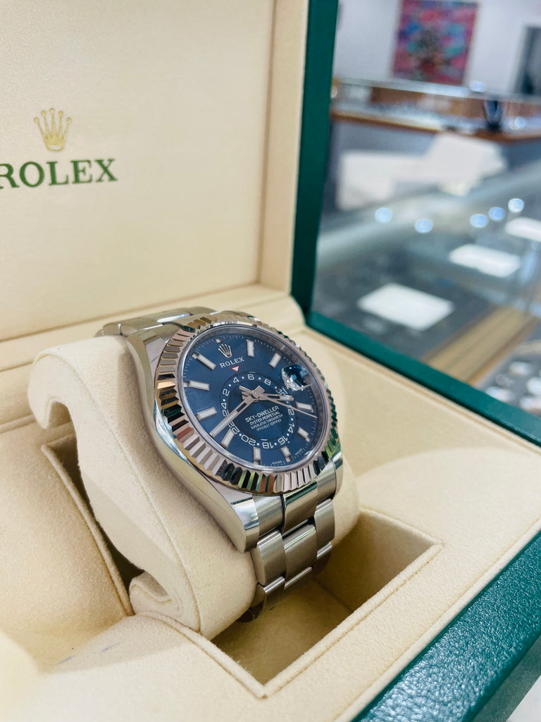 Rolex Sky-Dweller 326934 BLUSO Blue Dial Stainless Steel 42mm 18k White Gold Bezel PAPERS MINT - Diamonds East Intl.