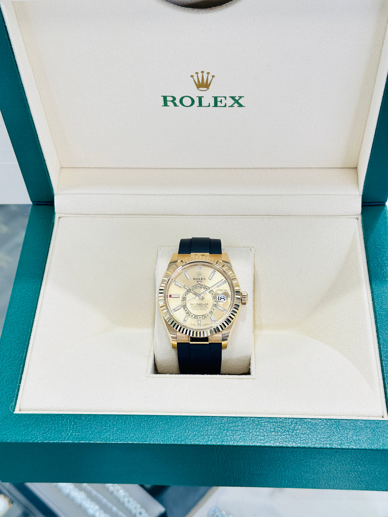Rolex Sky-Dweller 42 Oysterflex 326238 Yellow Gold Champagne Dial Box and Paper PreOwned - Diamonds East Intl.