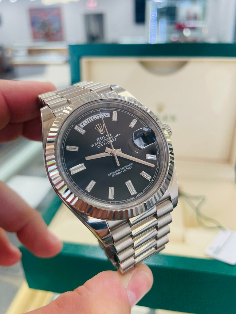 Rolex White Gold Day-Date 228239 40 Factory Black Diamond baguettes Dial B/P PreOwned - Diamonds East Intl.