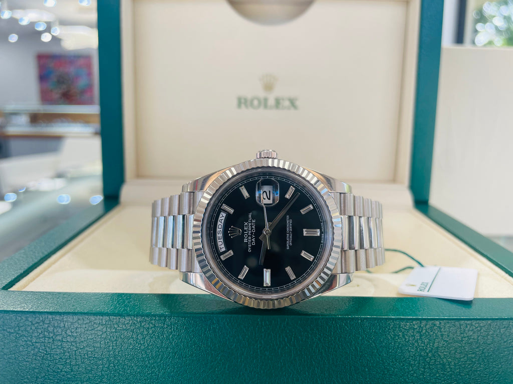 Rolex White Gold Day-Date 228239 40 Factory Black Diamond baguettes Dial B/P PreOwned - Diamonds East Intl.