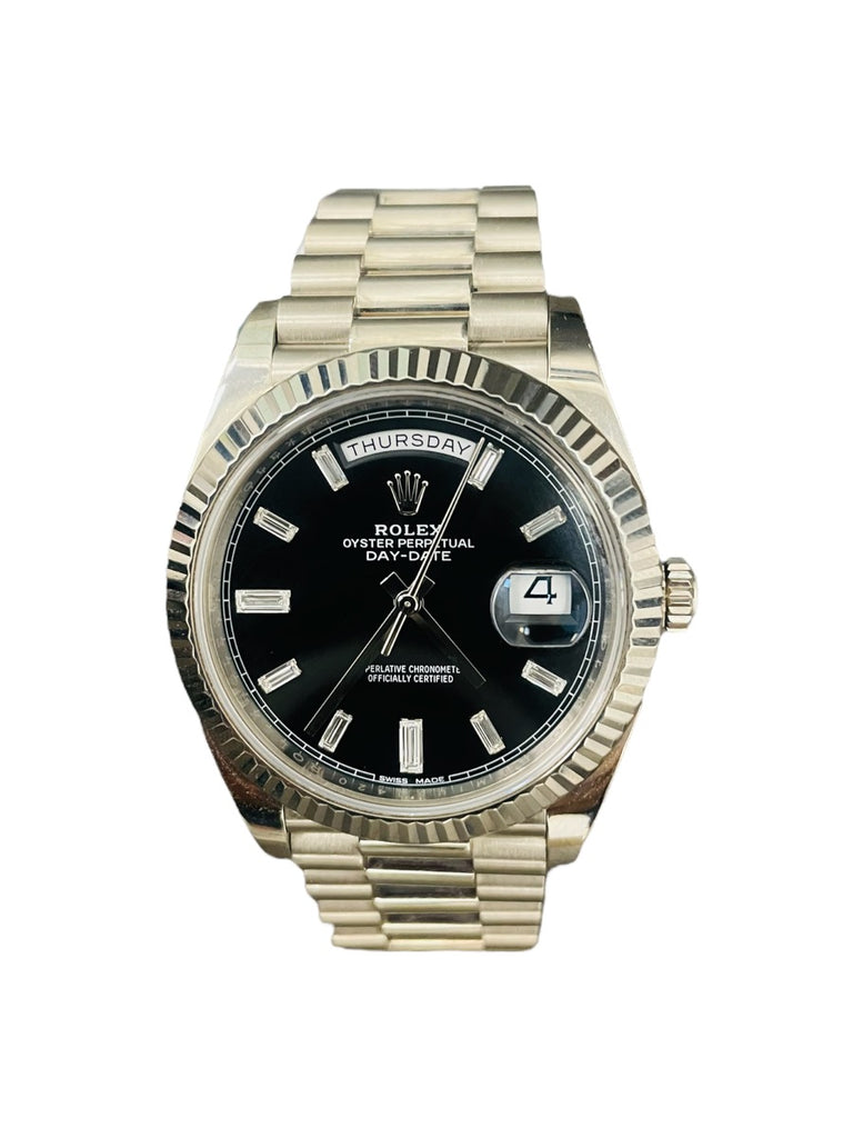 Rolex White Gold Day-Date 228239 40 Factory Black Diamond baguettes Dial B/P PreOwned - Diamonds East Intl.