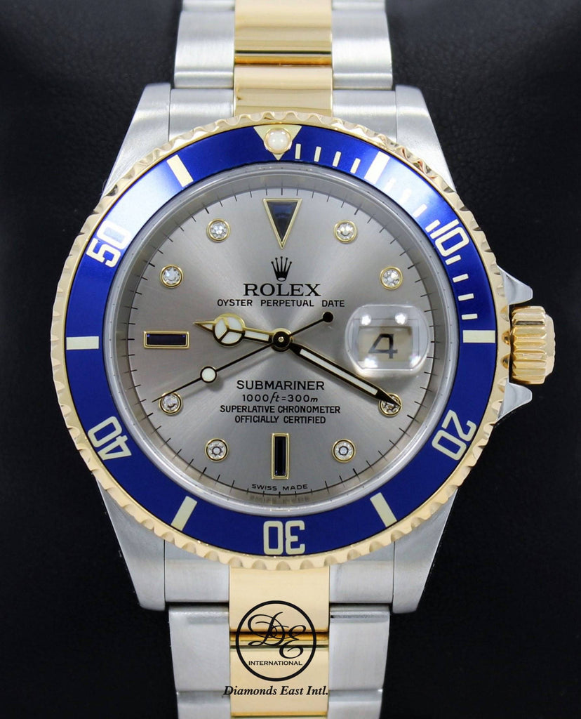 Rolex Submariner 16613T 18k Yellow Gold/SS Factory Serti Blue Sapphires Diamonds BOX/PAPERS - Diamonds East Intl.