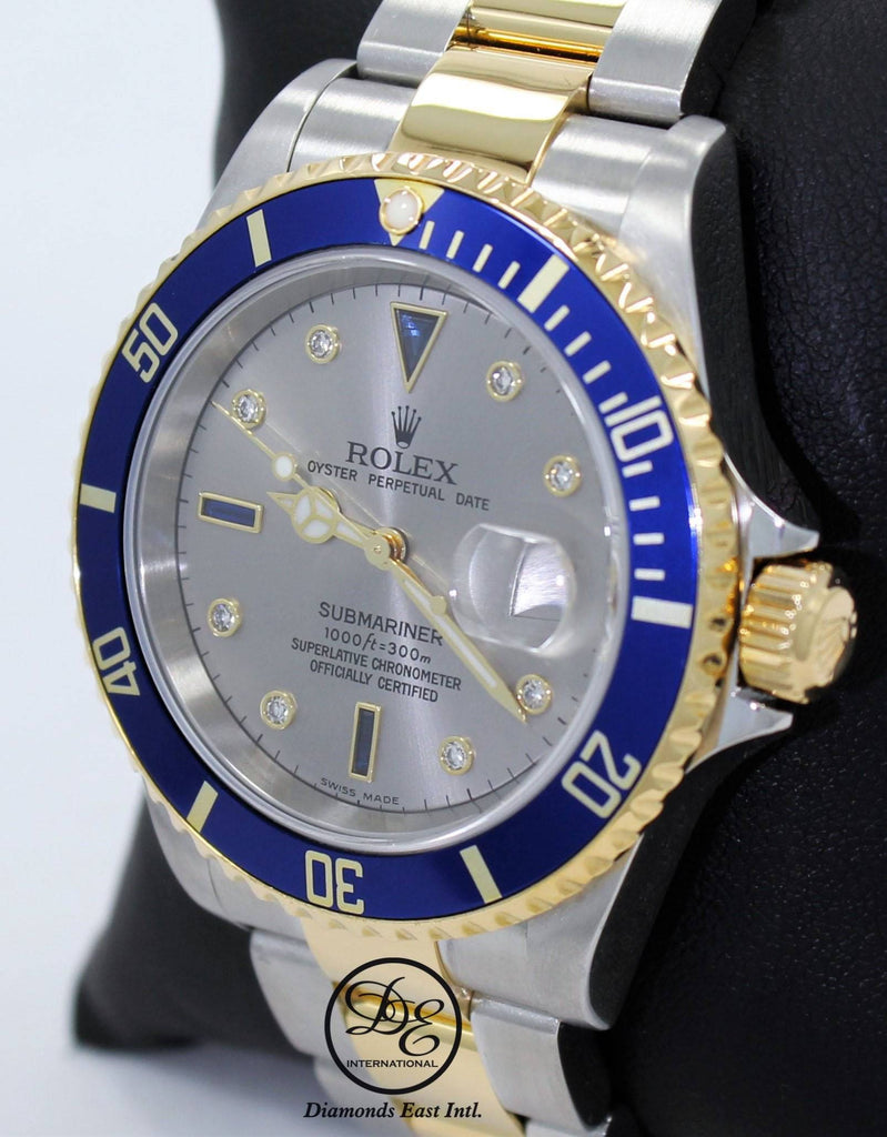 Rolex Submariner 16613T 18k Yellow Gold/SS Factory Serti Blue Sapphires Diamonds BOX/PAPERS - Diamonds East Intl.