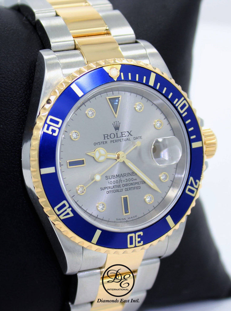 Rolex Submariner 16613T 18k Yellow Gold/SS Factory Serti Blue Sapphires Diamonds BOX/PAPERS - Diamonds East Intl.
