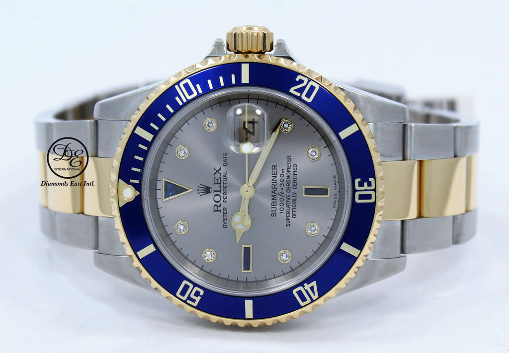 Rolex Submariner 16613T 18k Yellow Gold/SS Factory Serti Blue Sapphires Diamonds BOX/PAPERS - Diamonds East Intl.