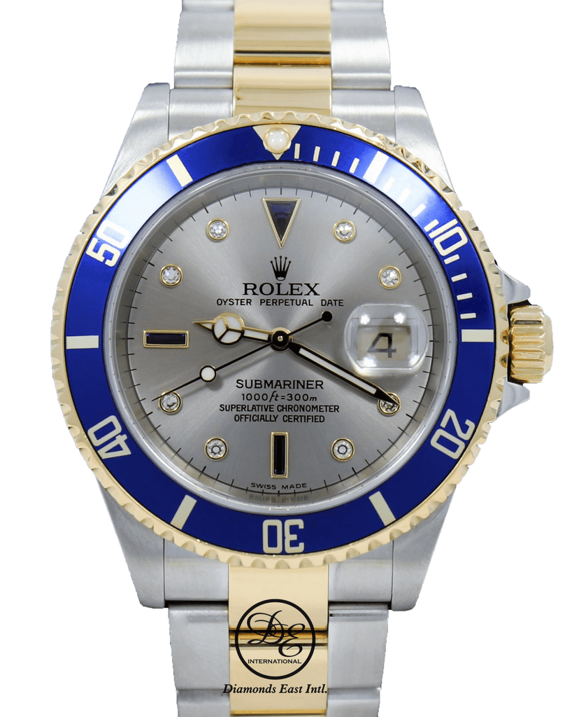 Rolex Submariner 16613T 18k Yellow Gold/SS Factory Serti Blue Sapphires Diamonds BOX/PAPERS - Diamonds East Intl.