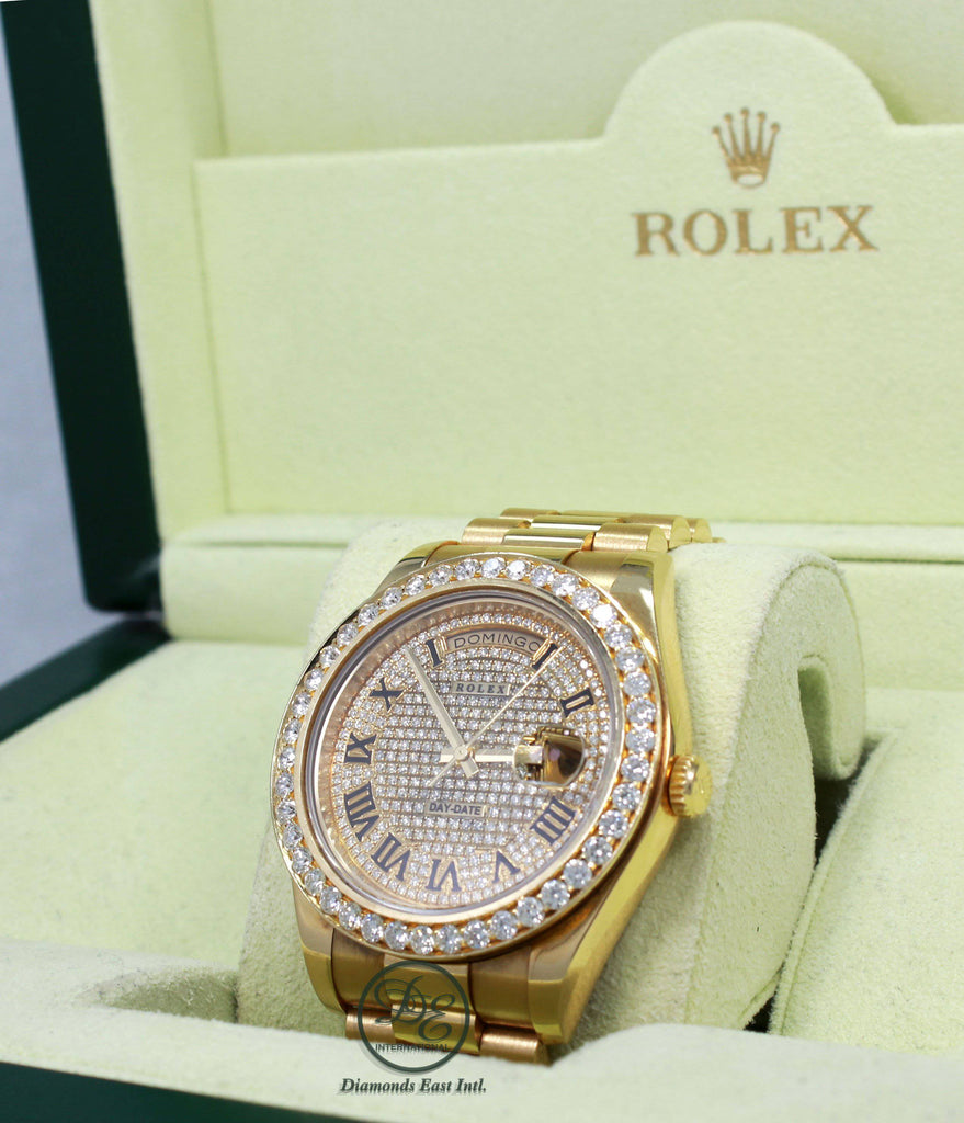 Rolex Day-Date II President 218238 18K Yellow Gold Pave Diamond Dial 3.25ct Bezel - Diamonds East Intl.