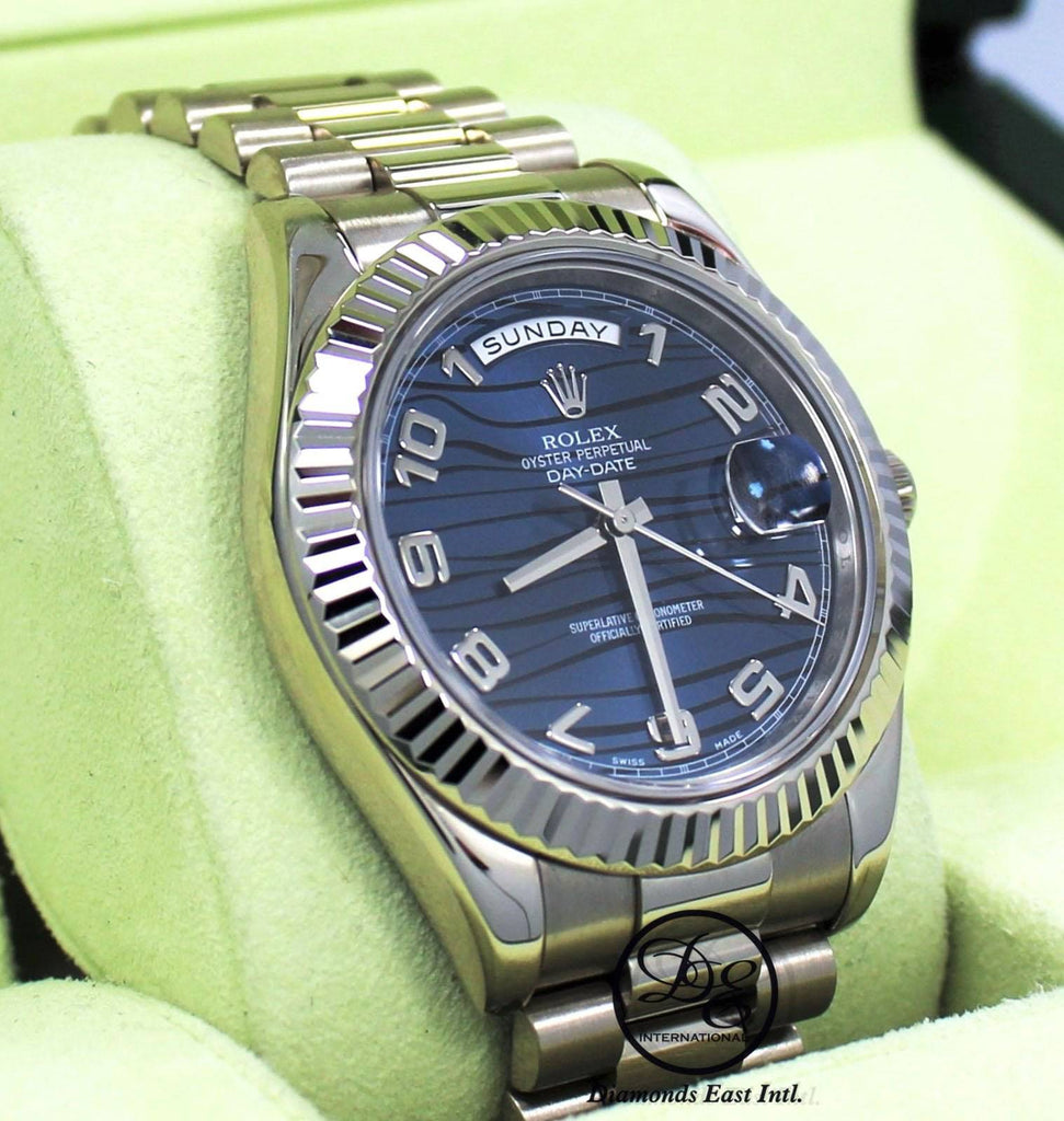 Rolex DAY DATE II President 218239 18k White Gold Rare Blue Wave Dial BOX & PAPERS - Diamonds East Intl.