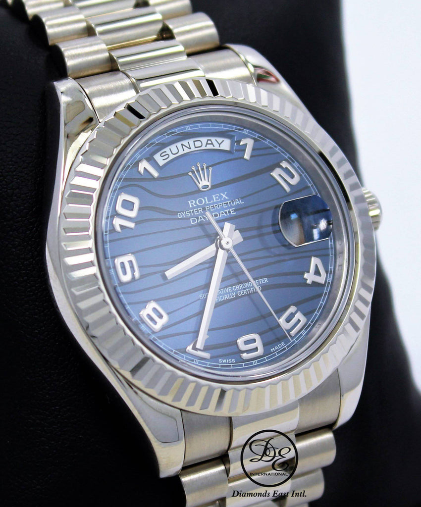 Rolex DAY DATE II President 218239 18k White Gold Rare Blue Wave Dial BOX & PAPERS - Diamonds East Intl.