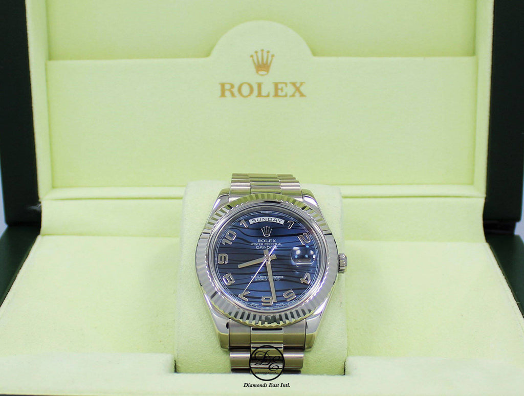 Rolex DAY DATE II President 218239 18k White Gold Rare Blue Wave Dial BOX & PAPERS - Diamonds East Intl.
