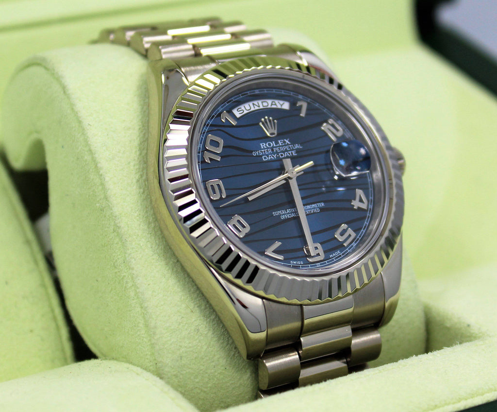 Rolex DAY DATE II President 218239 18k White Gold Rare Blue Wave Dial BOX & PAPERS - Diamonds East Intl.