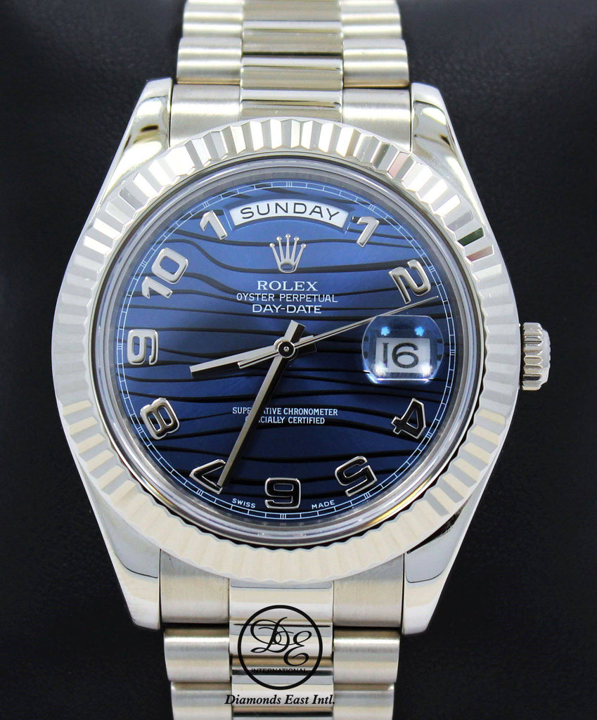 Rolex DAY DATE II President 218239 18k White Gold Rare Blue Wave Dial BOX & PAPERS - Diamonds East Intl.
