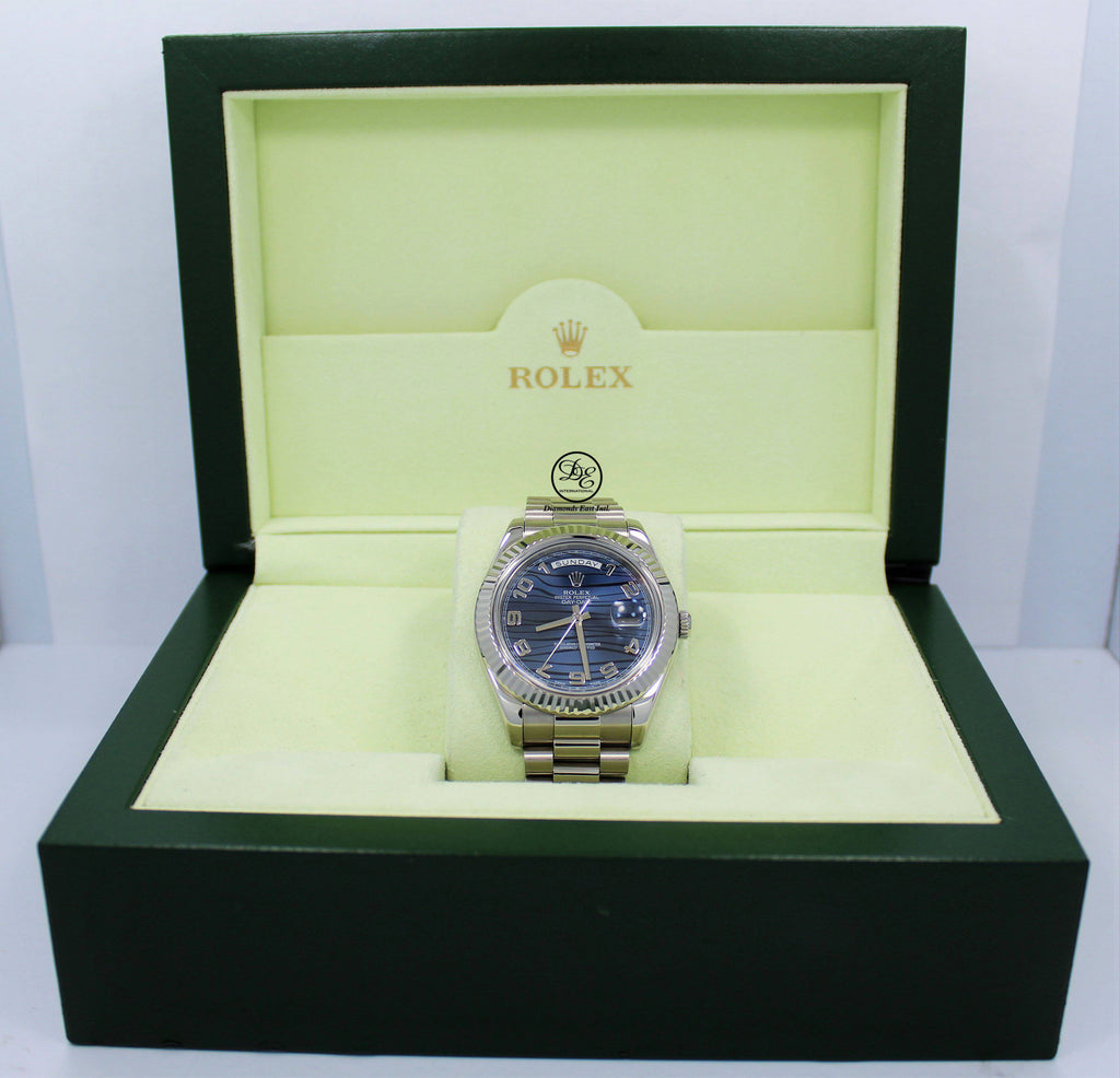 Rolex DAY DATE II President 218239 18k White Gold Rare Blue Wave Dial BOX & PAPERS - Diamonds East Intl.
