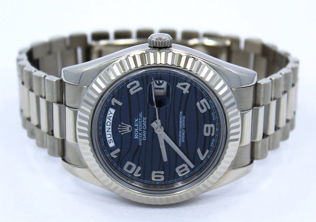 Rolex DAY DATE II President 218239 18k White Gold Rare Blue Wave Dial BOX & PAPERS - Diamonds East Intl.