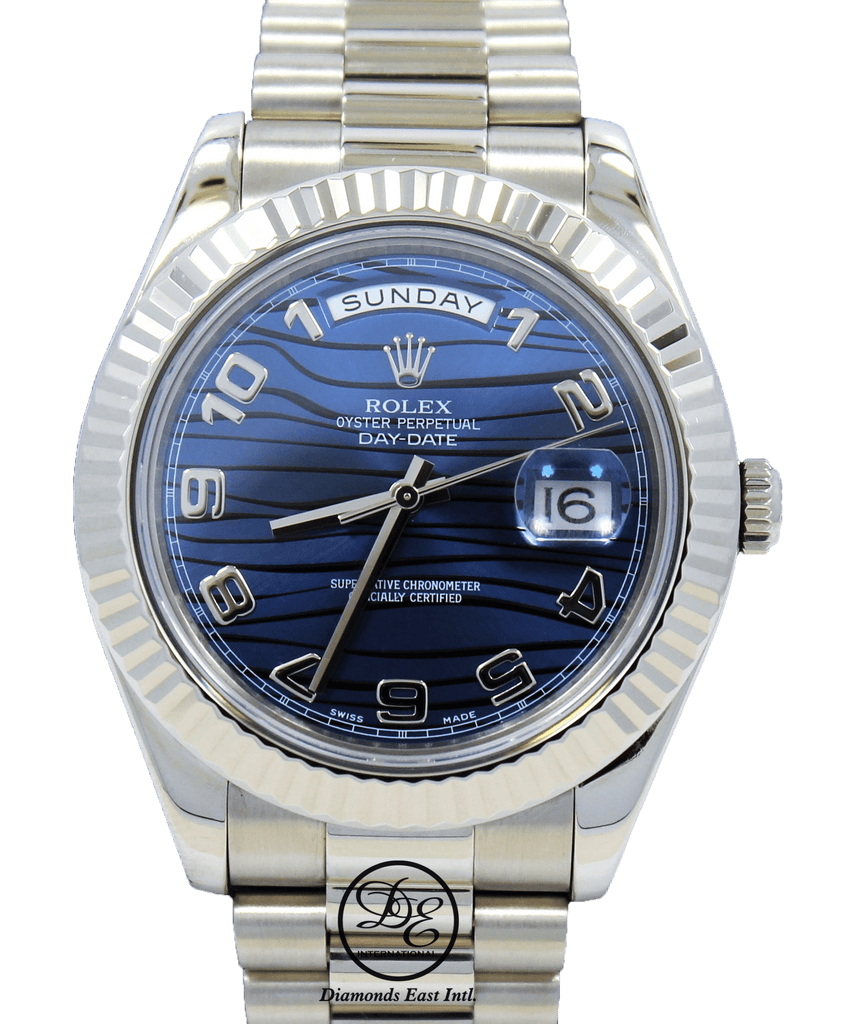 Rolex DAY DATE II President 218239 18k White Gold Rare Blue Wave Dial BOX & PAPERS - Diamonds East Intl.