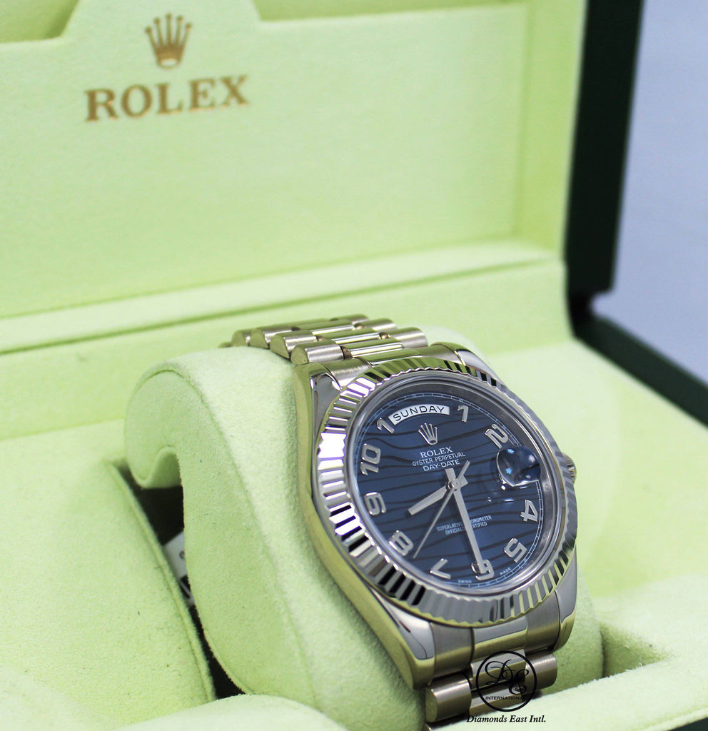 Rolex DAY DATE II President 218239 18k White Gold Rare Blue Wave Dial BOX & PAPERS - Diamonds East Intl.