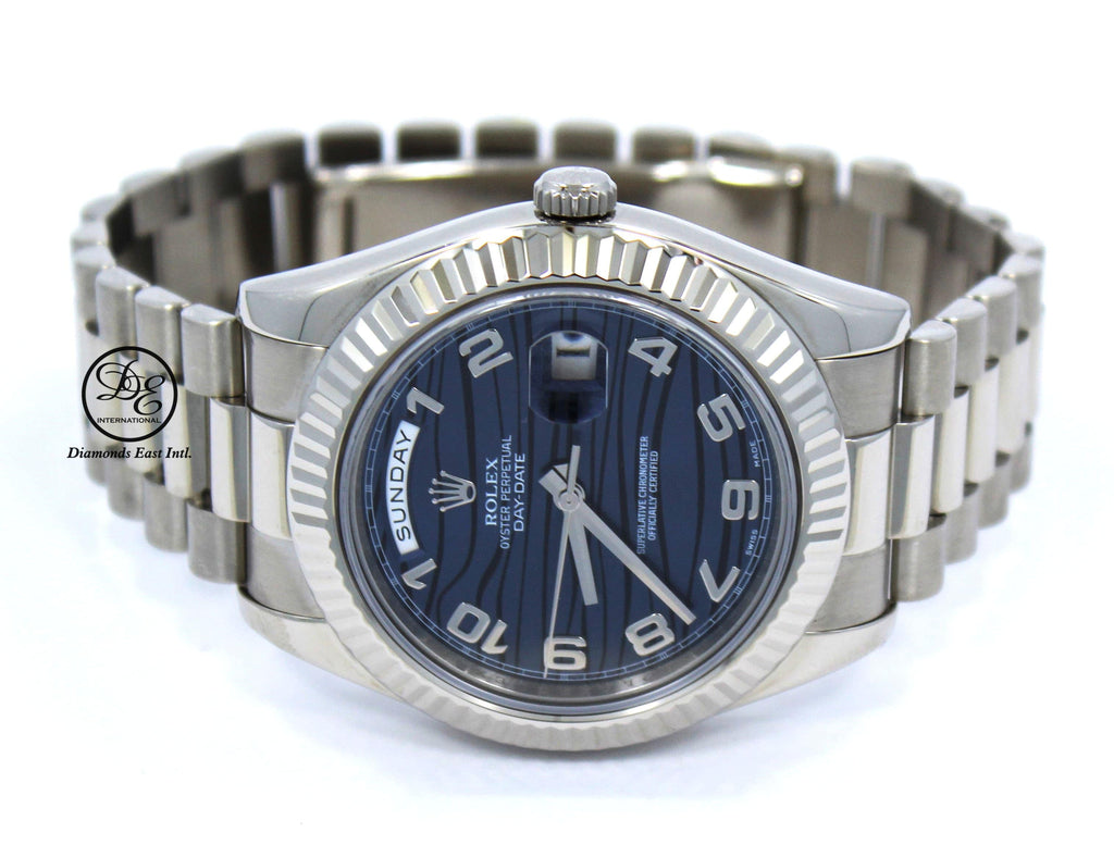 Rolex DAY DATE II President 218239 18k White Gold Rare Blue Wave Dial BOX & PAPERS - Diamonds East Intl.