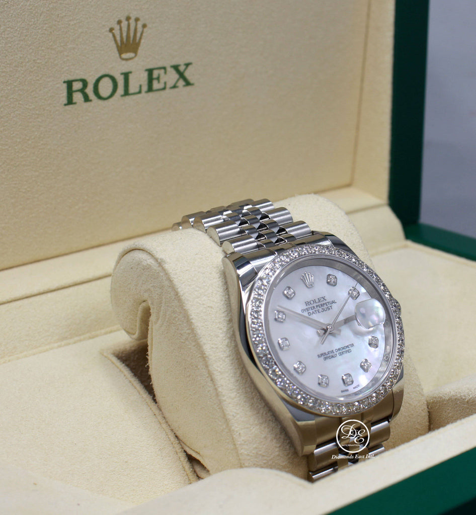 Rolex Datejust 116200 36mm Jubilee MOP Diamond Dial and Bezel Watch Box/Paper - Diamonds East Intl.