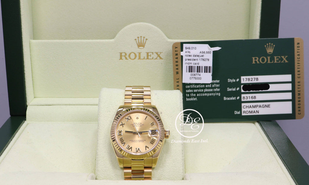 Rolex President 178278 Datejust 31mm 18K Yellow Gold Champagne Dial Box/Papers - Diamonds East Intl.
