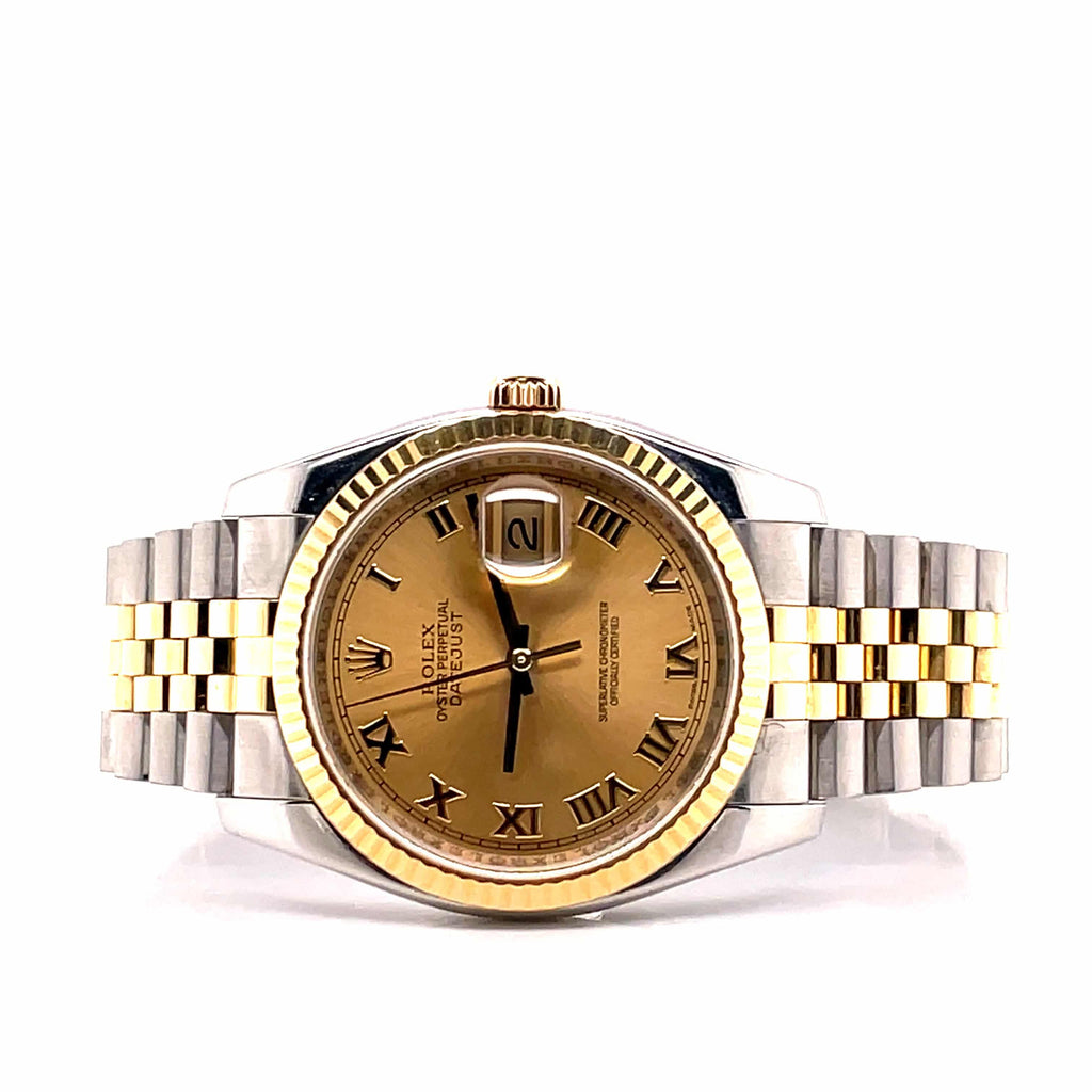 Rolex Datejust 36mm 116233 Champagne Roman Dial Two Tone Jubilee - Diamonds East Intl.