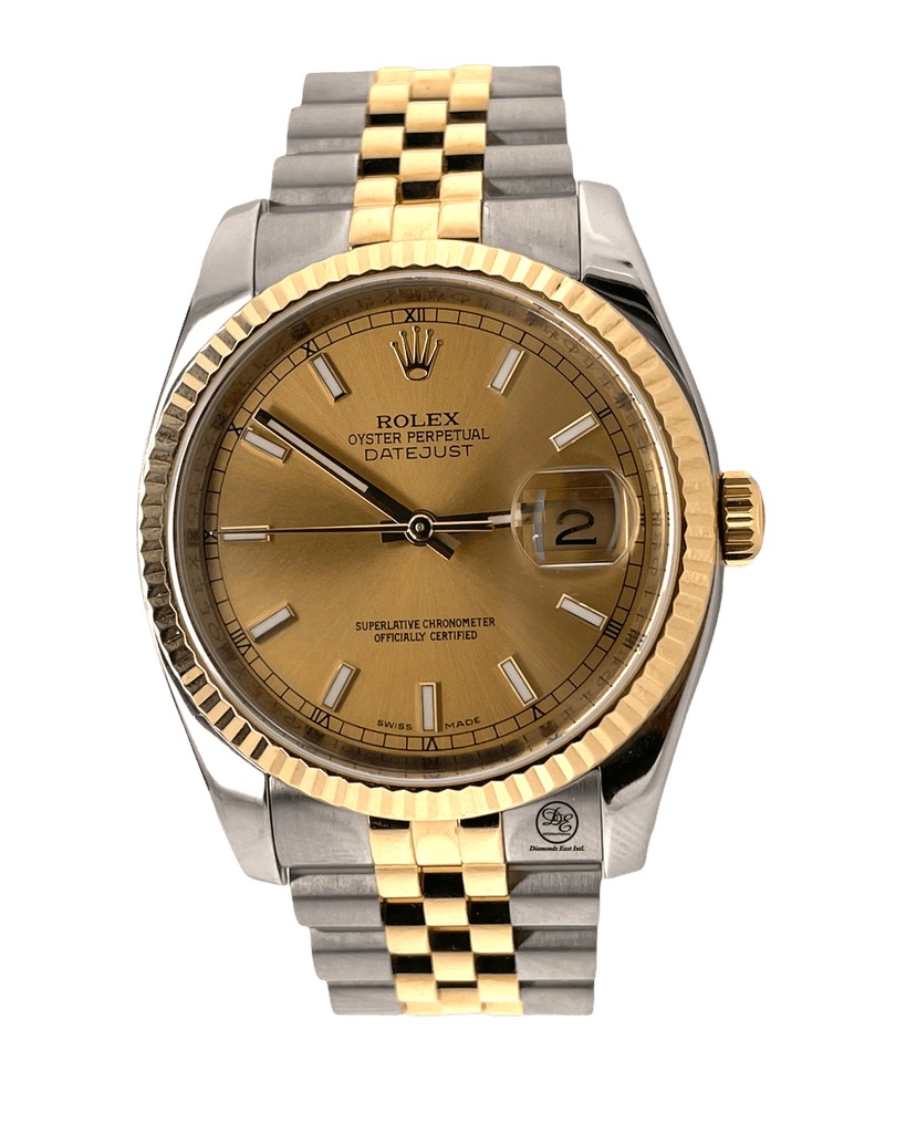 Rolex Datejust 36mm 116233 Champagne Stick Dial Two Tone Jubilee Bracelet - Diamonds East Intl.