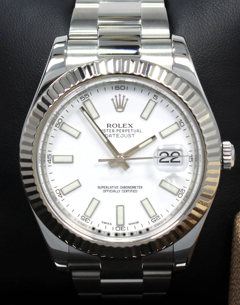 Rolex Datejust II 116334 41mm White Dial 18K White Gold Fluted Bezel Watch MINT - Diamonds East Intl.
