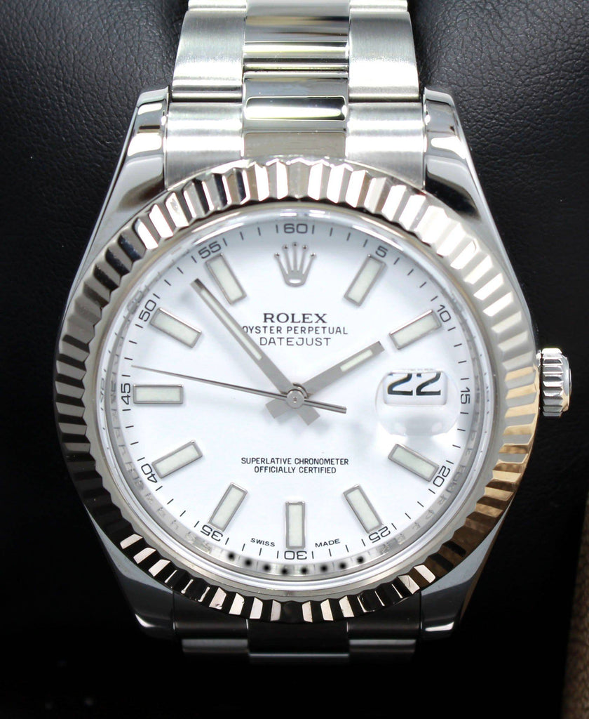 Rolex Datejust II 116334 41mm White Dial 18K White Gold Fluted Bezel Watch MINT - Diamonds East Intl.