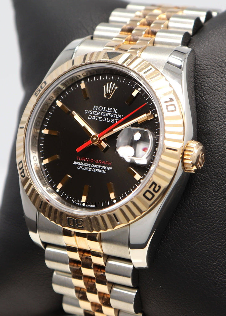 Rolex Datejust 116261 Turn-O-Graph Black Dial SS/ 18K Rose Gold Jubile Band Watch - Diamonds East Intl.
