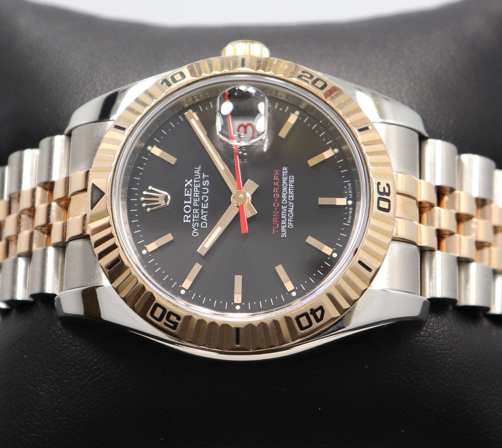Rolex Datejust 116261 Turn-O-Graph Black Dial SS/ 18K Rose Gold Jubile Band Watch - Diamonds East Intl.