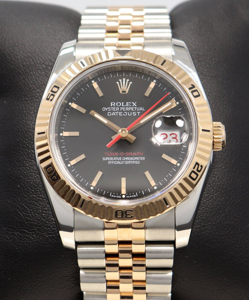 Rolex Datejust 116261 Turn-O-Graph Black Dial SS/ 18K Rose Gold Jubile Band Watch - Diamonds East Intl.