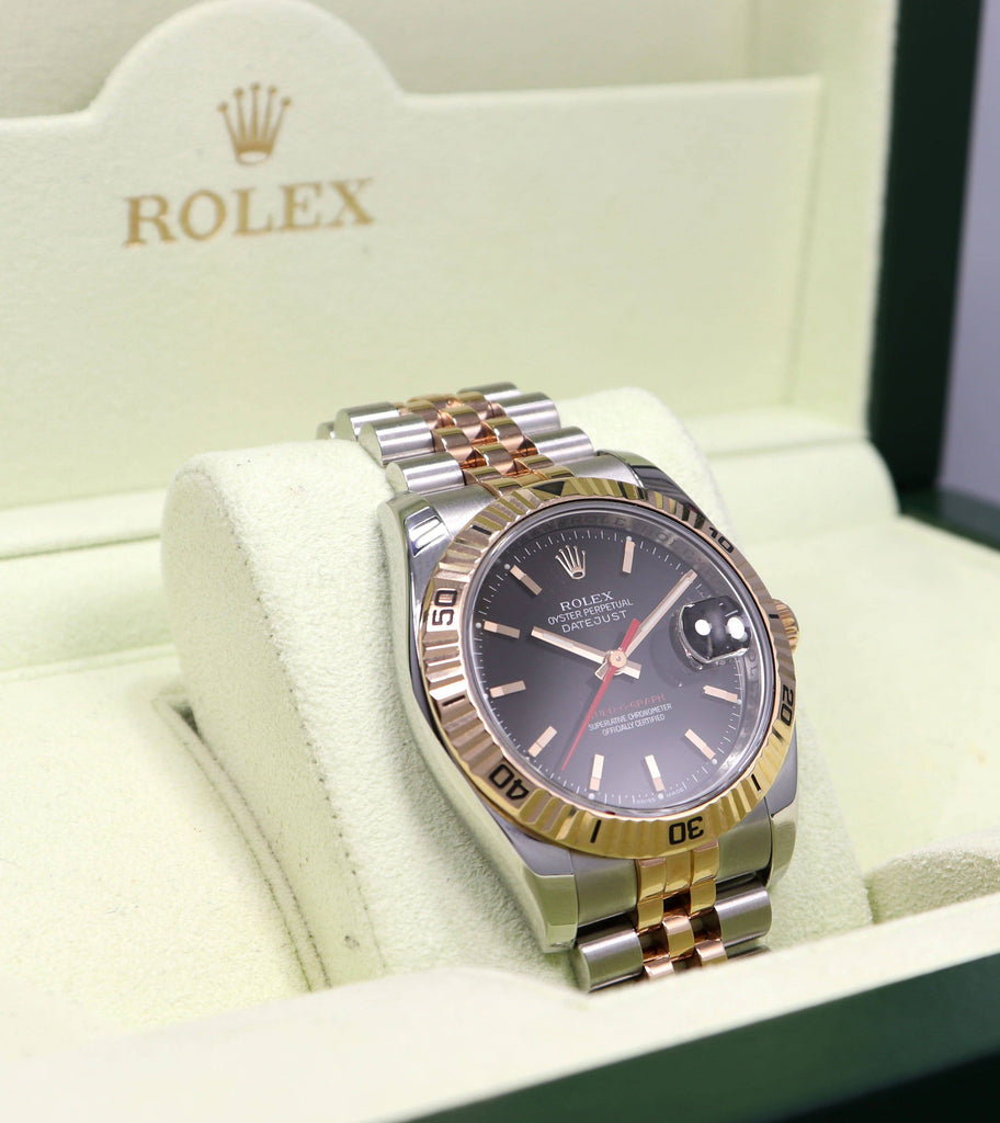 Rolex Datejust 116261 Turn-O-Graph Black Dial SS/ 18K Rose Gold Jubile Band Watch - Diamonds East Intl.