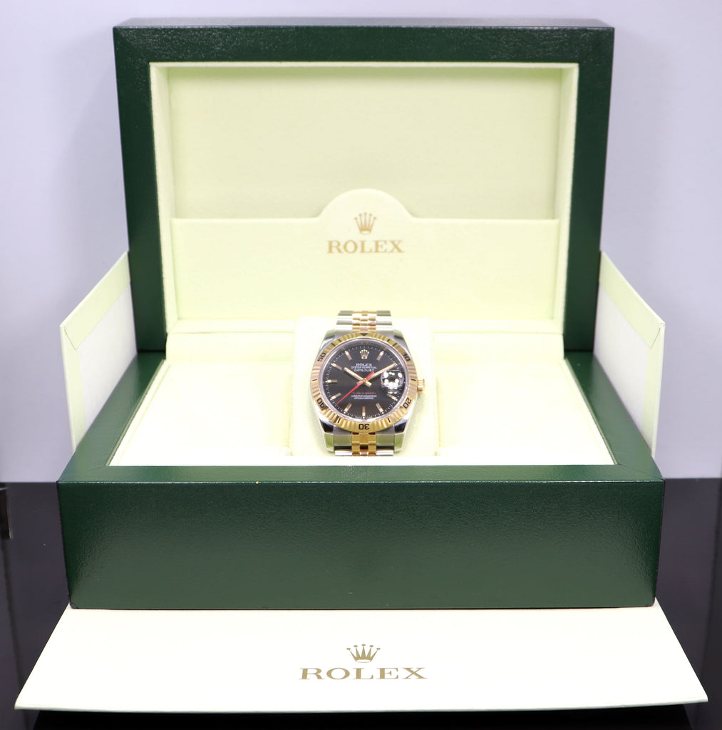 Rolex Datejust 116261 Turn-O-Graph Black Dial SS/ 18K Rose Gold Jubile Band Watch - Diamonds East Intl.