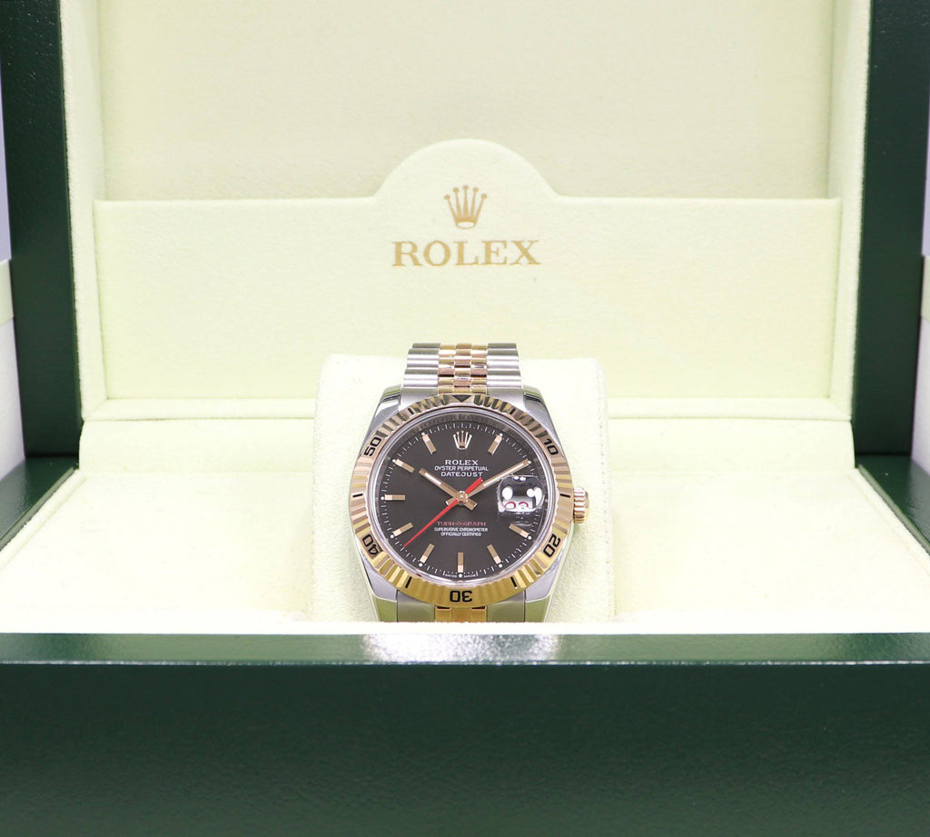 Rolex Datejust 116261 Turn-O-Graph Black Dial SS/ 18K Rose Gold Jubile Band Watch - Diamonds East Intl.