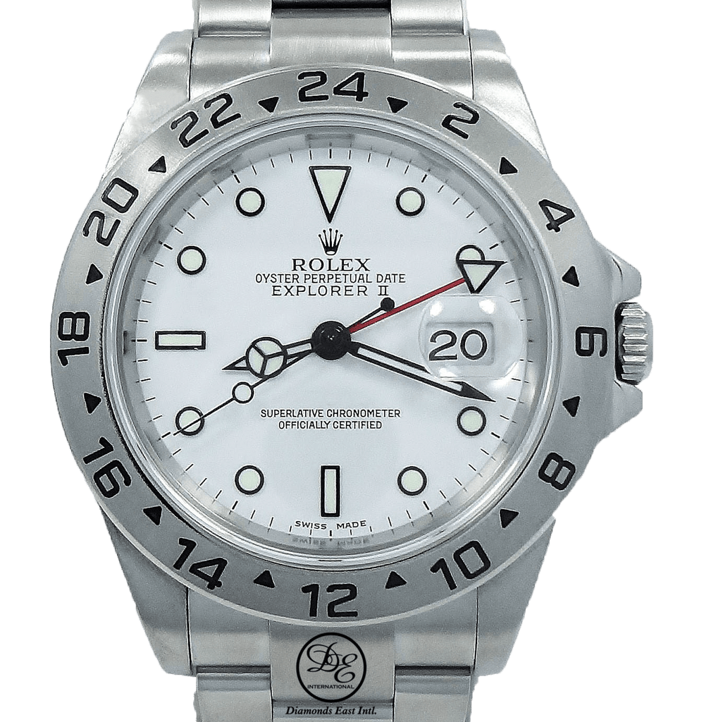 Rolex Explorer II 16570 GMT Oyster Date White Dial Watch - Diamonds East Intl.