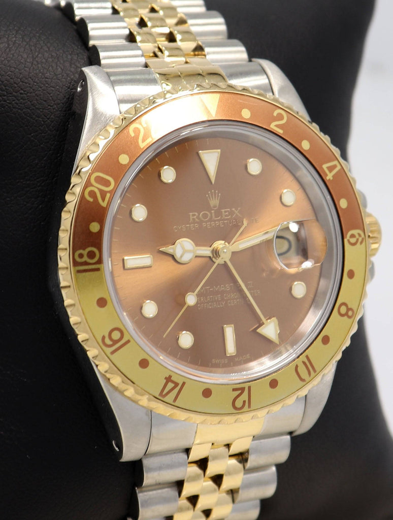 Rolex GMT-MASTER II 16713 Root Beer Two Tone Jubilee 18K Yellow Gold/Steel Watch - Diamonds East Intl.
