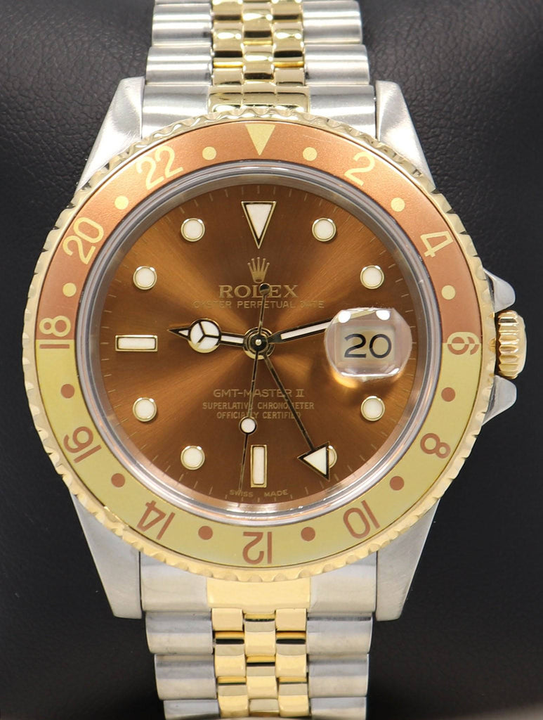Rolex GMT-MASTER II 16713 Root Beer Two Tone Jubilee 18K Yellow Gold/Steel Watch - Diamonds East Intl.