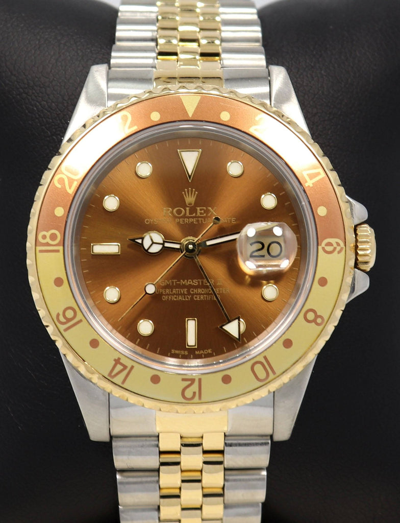 Rolex GMT-MASTER II 16713 Root Beer Two Tone Jubilee 18K Yellow Gold/Steel Watch - Diamonds East Intl.