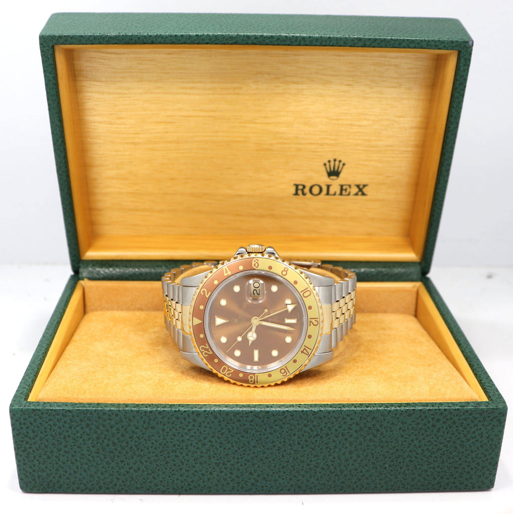 Rolex GMT-MASTER II 16713 Root Beer Two Tone Jubilee 18K Yellow Gold/Steel Watch - Diamonds East Intl.