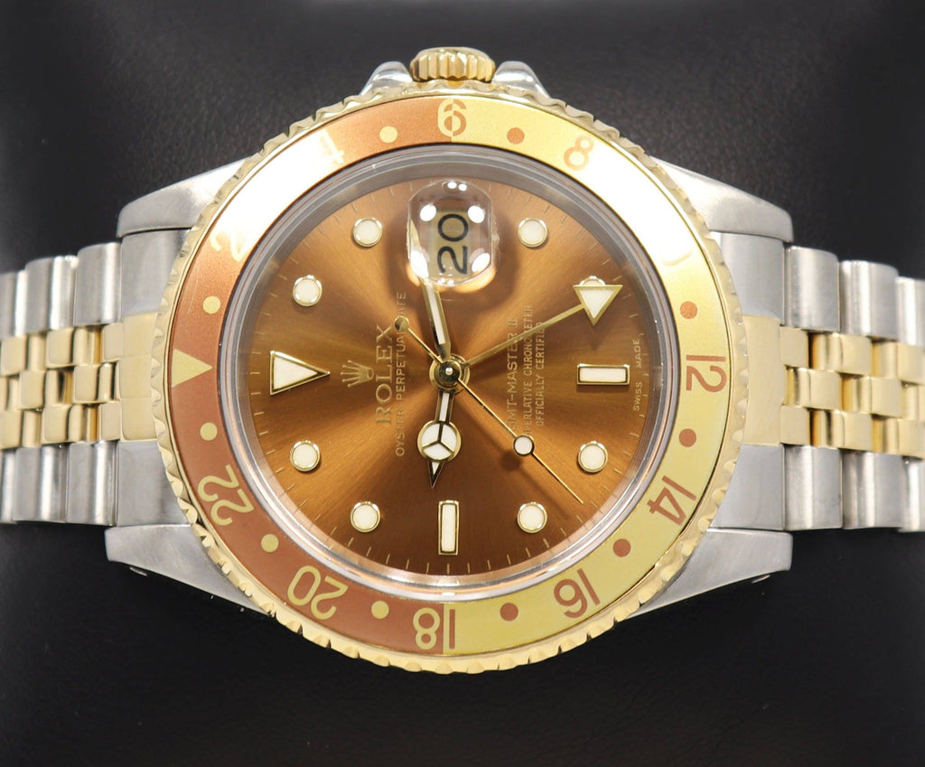 Rolex GMT-MASTER II 16713 Root Beer Two Tone Jubilee 18K Yellow Gold/Steel Watch - Diamonds East Intl.