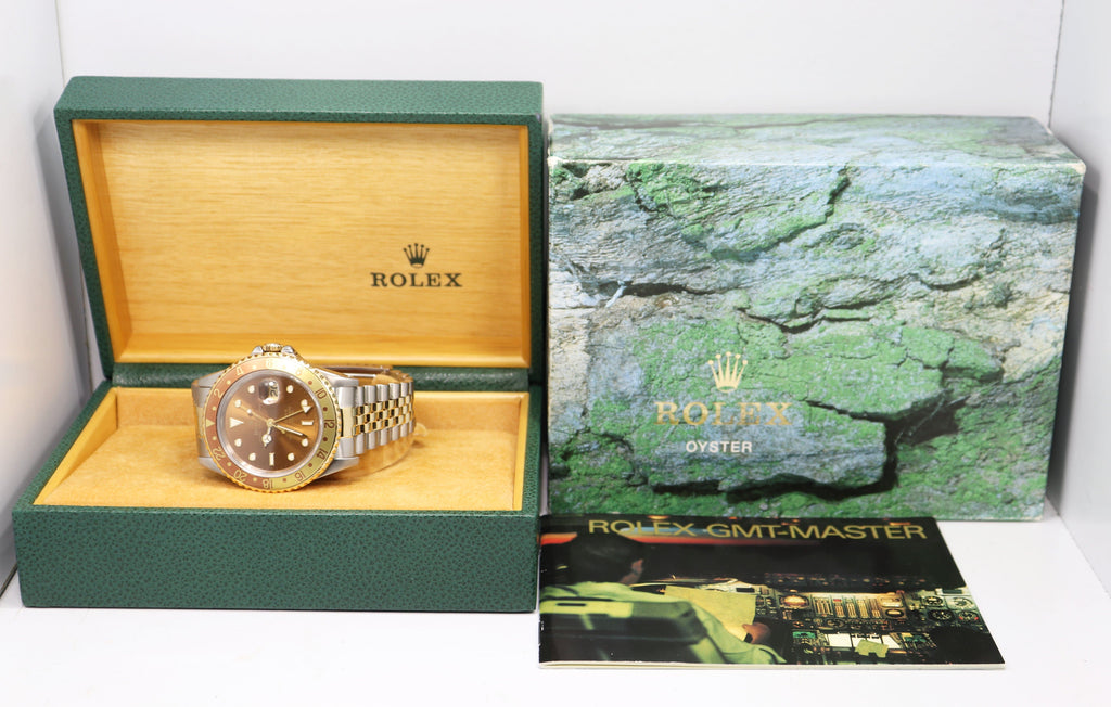 Rolex GMT-MASTER II 16713 Root Beer Two Tone Jubilee 18K Yellow Gold/Steel Watch - Diamonds East Intl.