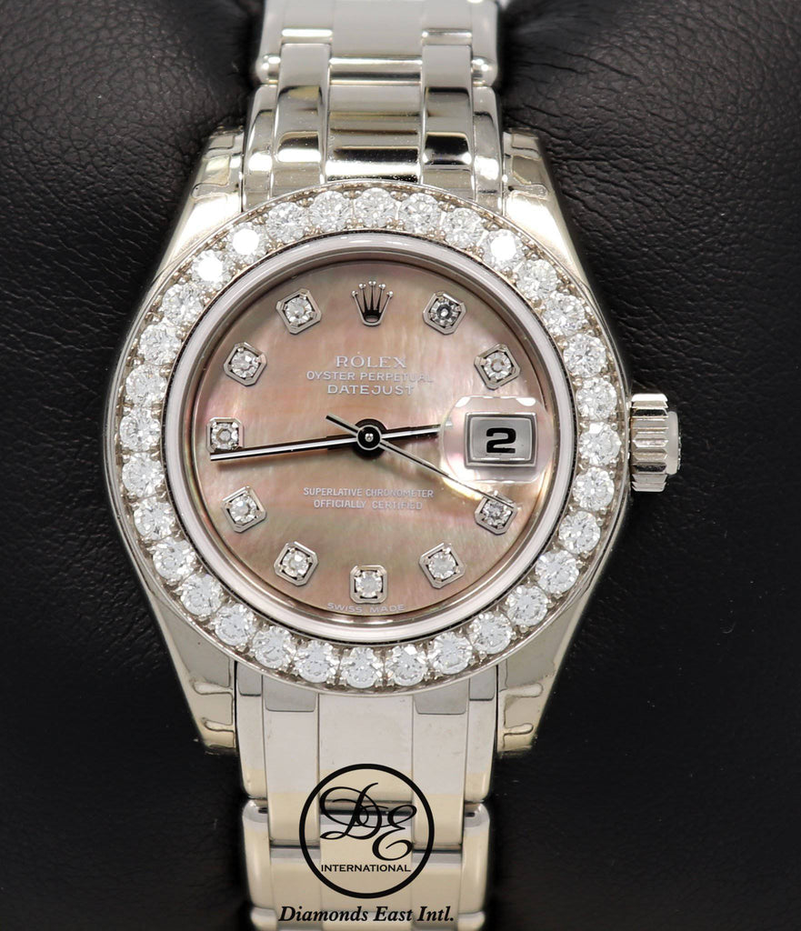 Rolex Masterpiece Pearlmaster 80299 18K White Gold Factory Tahitian Diamond Dial & Bezel MOP Dial B/PPR - Diamonds East Intl.