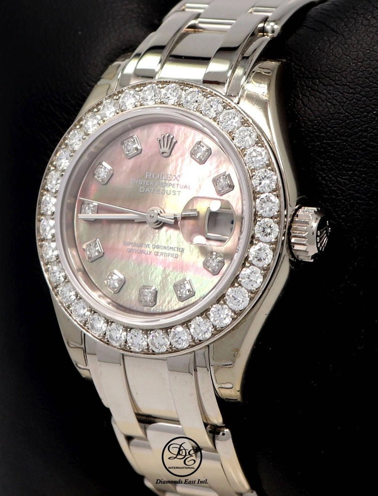 Rolex Masterpiece Pearlmaster 80299 18K White Gold Factory Tahitian Diamond Dial & Bezel MOP Dial B/PPR - Diamonds East Intl.