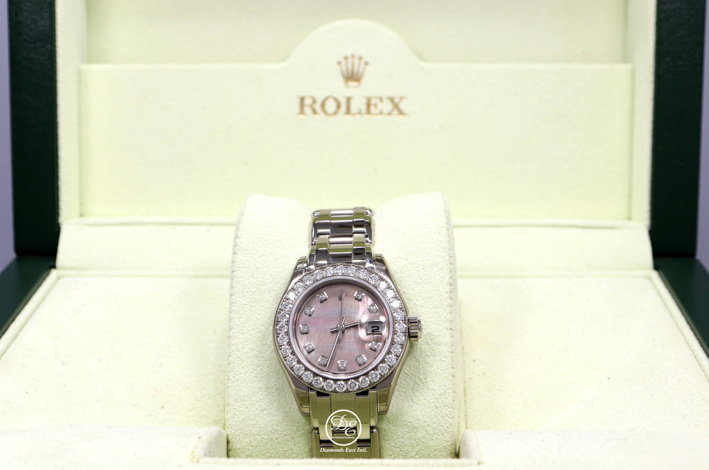 Rolex Masterpiece Pearlmaster 80299 18K White Gold Factory Tahitian Diamond Dial & Bezel MOP Dial B/PPR - Diamonds East Intl.