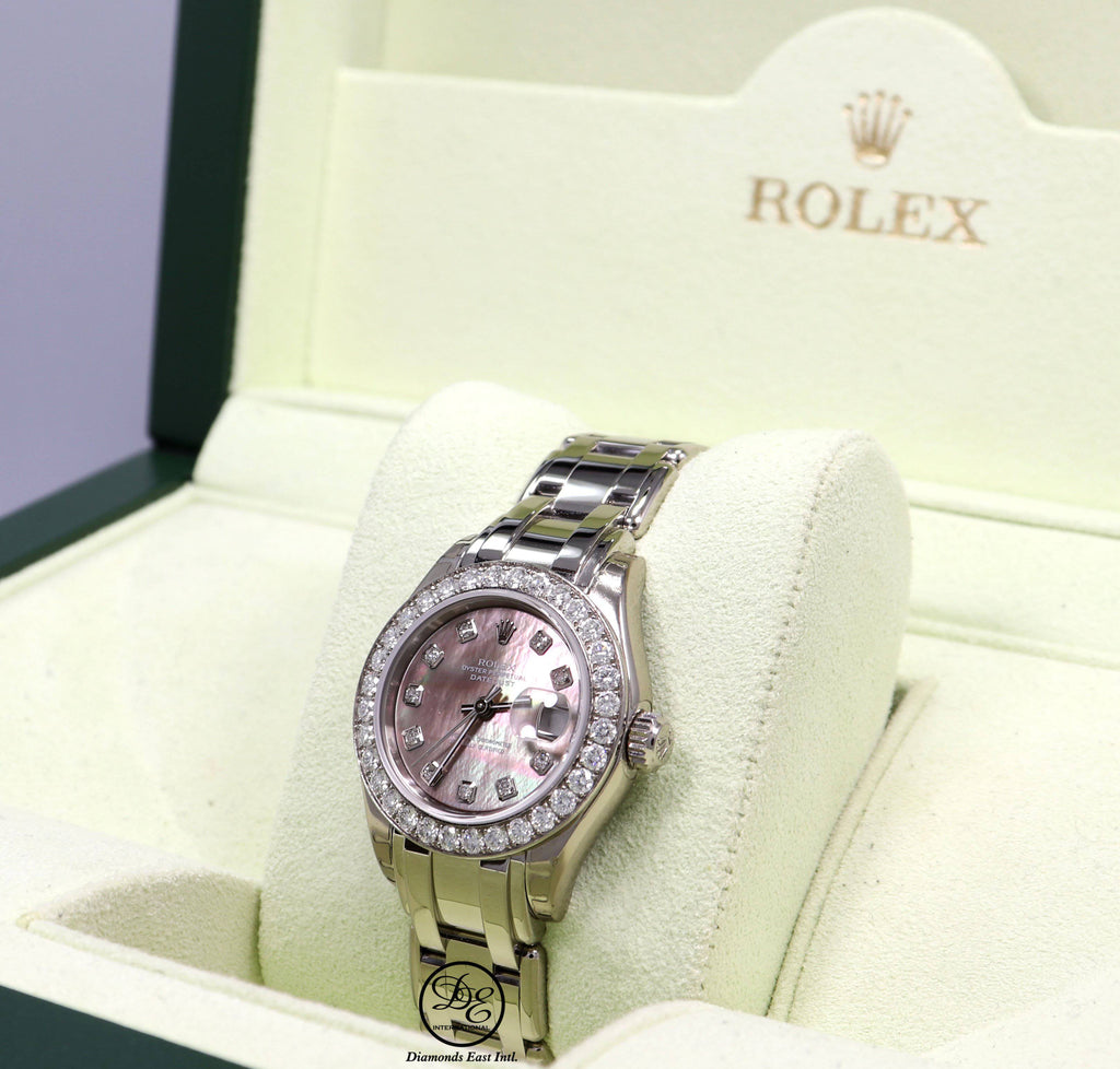 Rolex Masterpiece Pearlmaster 80299 18K White Gold Factory Tahitian Diamond Dial & Bezel MOP Dial B/PPR - Diamonds East Intl.