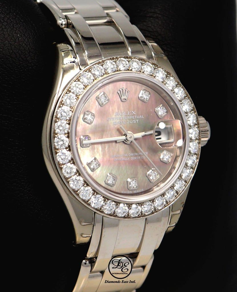 Rolex Masterpiece Pearlmaster 80299 18K White Gold Factory Tahitian Diamond Dial & Bezel MOP Dial B/PPR - Diamonds East Intl.