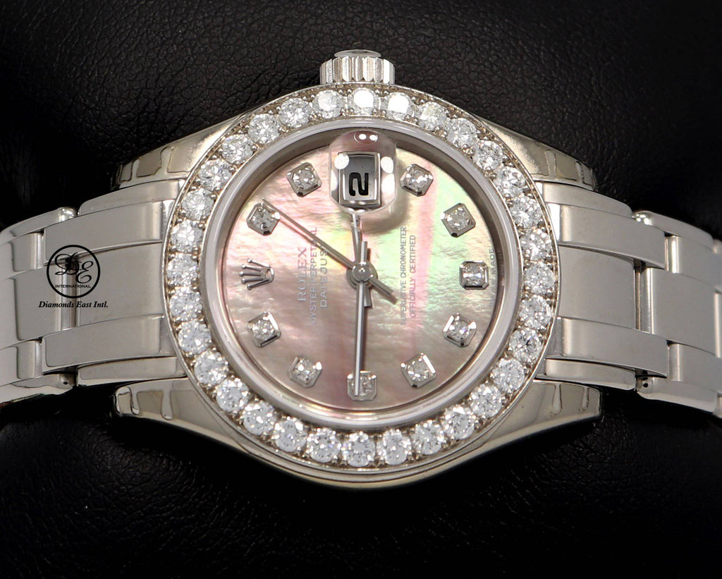 Rolex Masterpiece Pearlmaster 80299 18K White Gold Factory Tahitian Diamond Dial & Bezel MOP Dial B/PPR - Diamonds East Intl.