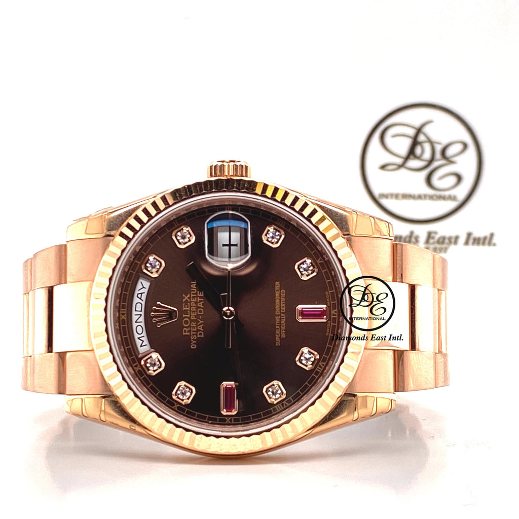 Rolex Day-Date 118235 18K Rose Gold Factory Chocolate Diamond & Rubies Dial NEW - Diamonds East Intl.